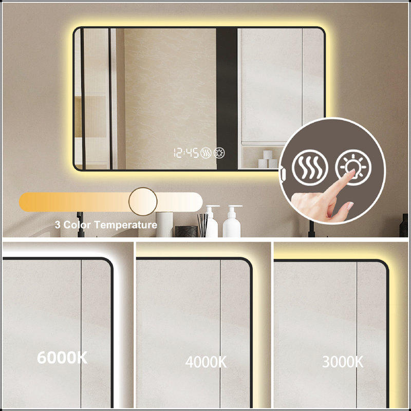 Miroir mural 29 po x 39 po noir avec coins arrondis, affichage de la température, lumière tricolore et fonction de désembuage