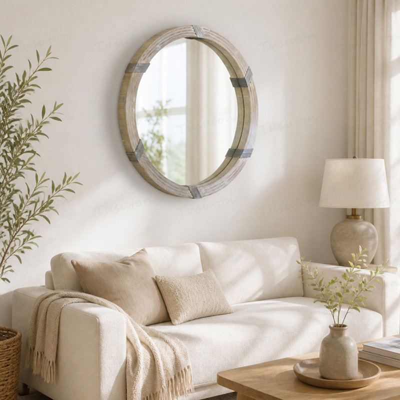 Wood Frame Round Wall Mirror