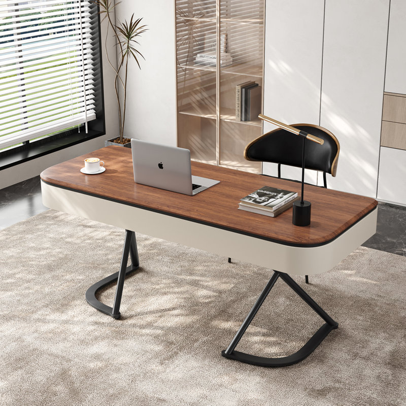  Modern 63'' Office Writing Desk, Brown Wood Desk, 2 Drawers, Stainless Steel legs