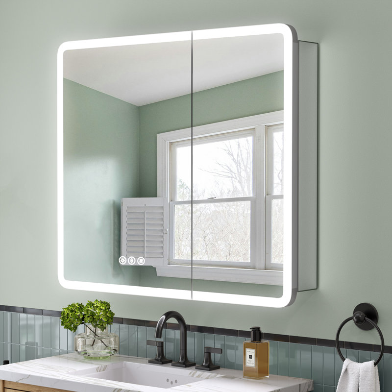 Medicine Cabinet with Lights, Round Corner, Recessed/Surface, Plug-in/Hardwired, Outlets+USB+Type-C,, 32"H x 36"W x 5.43"D