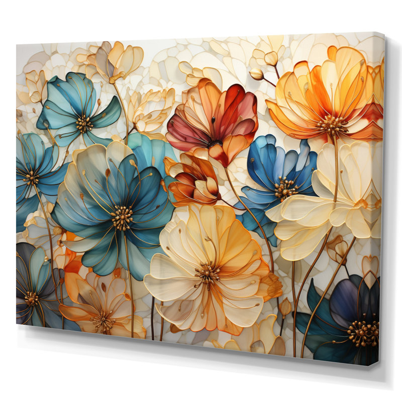 «Teal Orange Petal Mosaics II - Abstract Botanicals», art mural sur toile, H 28 po x l 60 po, Toile tendue, Sans cadre