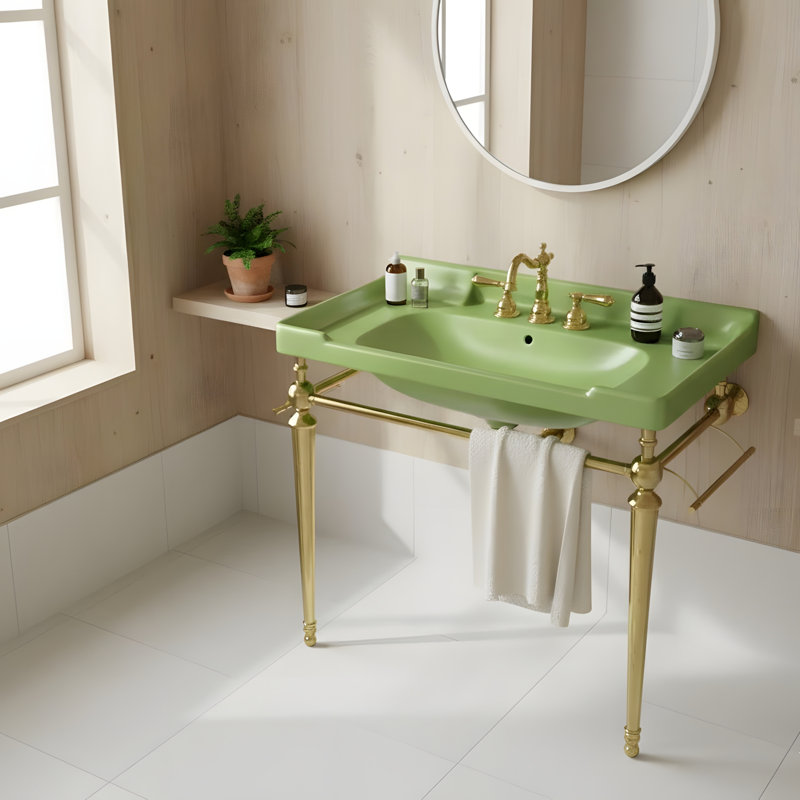 36" Wall-Mounted Bathroom Vanity with Ceramic Basin and Gold  Metal Legs, Green, Gold, 36"