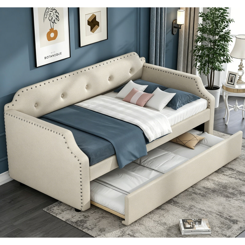 Élégant lit de jour rembourré en lin avec couchette, support en lattes de bois et matelas simple compatible, beige