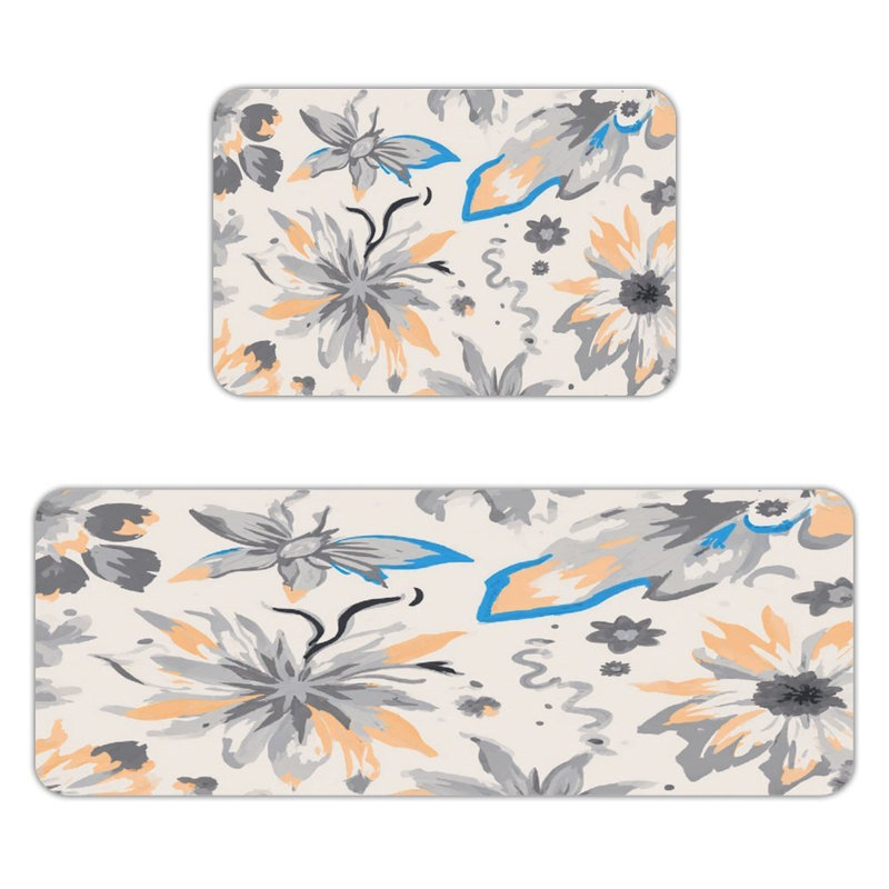 Ensemble de 2 tapis de cuisine gris à motif floral abstrait gris
