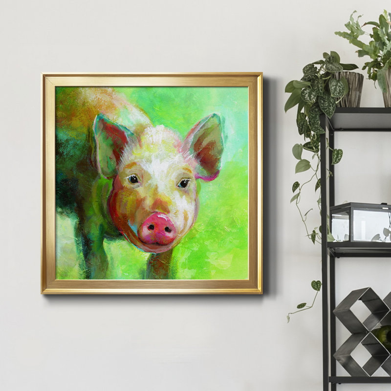 «Colorful Quirky Pig», peinture sur toile encadrée, Encadrement doré, H 34,5 po x l 34,5 po x P 1,5 po