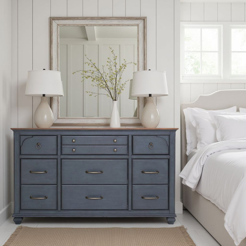 Wauneta 66" 9-Drawer Dresser, Fully Assembled, Soft Close Drawers, Felt Lined Jewelry Drawer, Corduroy Blue, Traditional Coastal