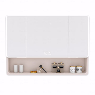 Aluminium Medicine Cabinet Mirror, 35 X 28 Inches Medicine Cabinet With 3 Colors Led Light And Defogging Function, Bathroom Mirror Cabinet With Cosmetic Storage Rack And Hair Dryer Holder