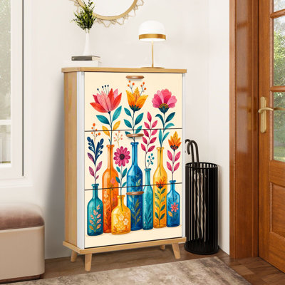 Shoe Storage Cabinet with 3 Flip Drawers for Colorful Floral Tall Decorative Bottles Beige Shoe Rack Storage Organizer