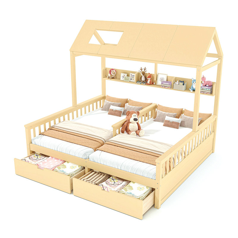 Lit plateforme simple double avec tablettes et tiroirs de rangement, lit plateforme avec lattes de soutien, conception enfantine et maisonnette, naturel