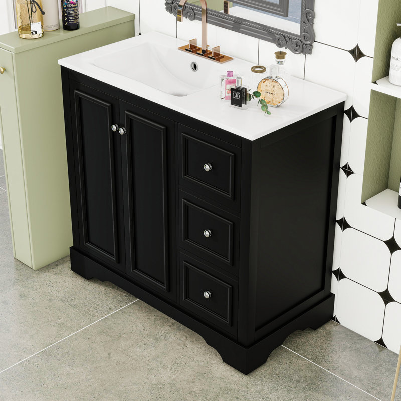 Meuble-lavabo avec lavabo en céramique, tablette réglable et 3 tiroirs, Noir
