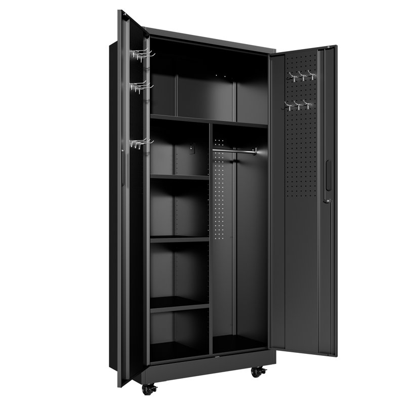 Black Powder-Coated Metal Rolling Storage Locker with Lockable Doors and Shelves