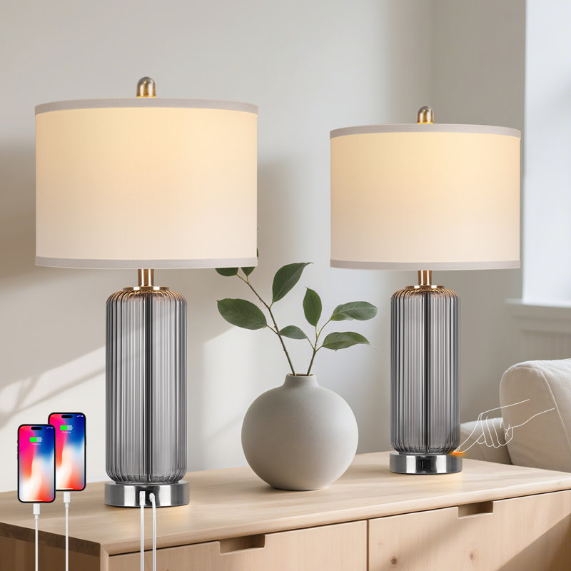 Lampes de chevet modernes en verre 27 "avec ports USB A + C, Gris / Chrome