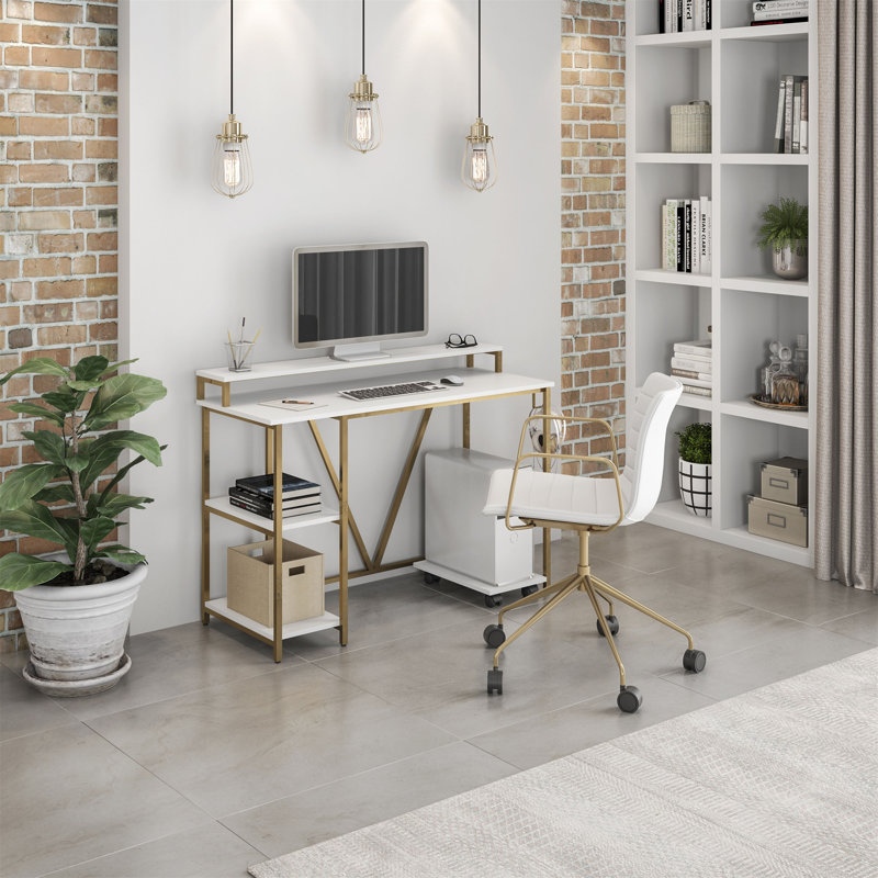 Techni Mobili Industrial Writing Desk, White/Gold