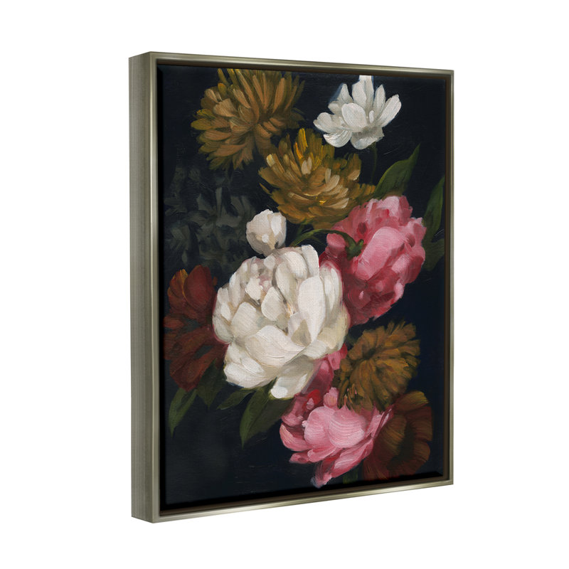 Arrangement de pivoines sur toile, H 31 po x l 25 po, Cadre flottant gris lustré