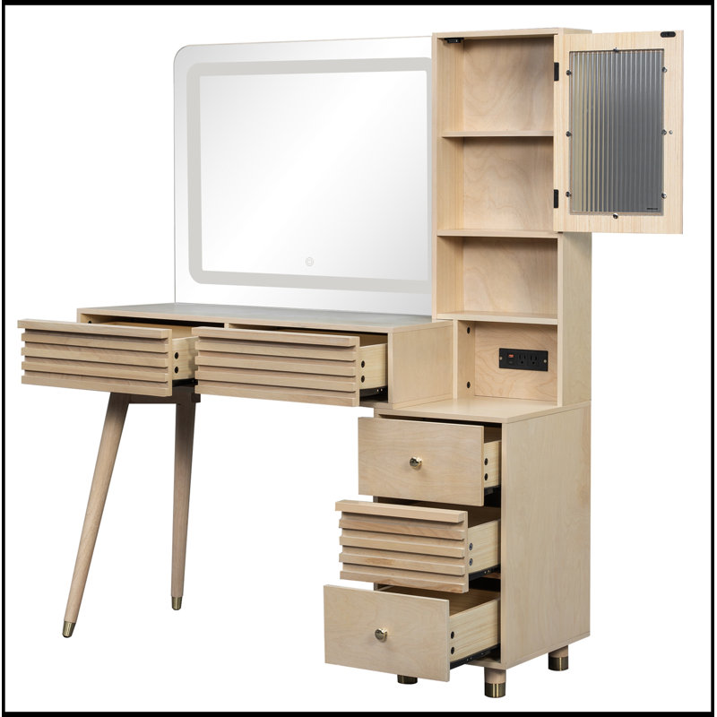 Bureau de maquillage avec miroir lumineux et 5 tiroirs, Naturel