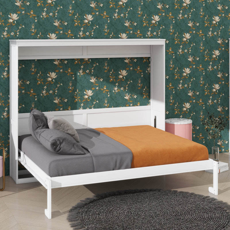 Lit mural moderne convertible pour petites chambres, Blanc, Grand lit