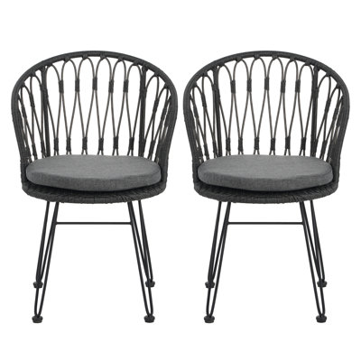 Chaise, 2 pièces, grise avec coussins. Design industriel pour patio et pieds élégants en épingle à cheveux, chaises 2 pièces, 2 coussins, gris.