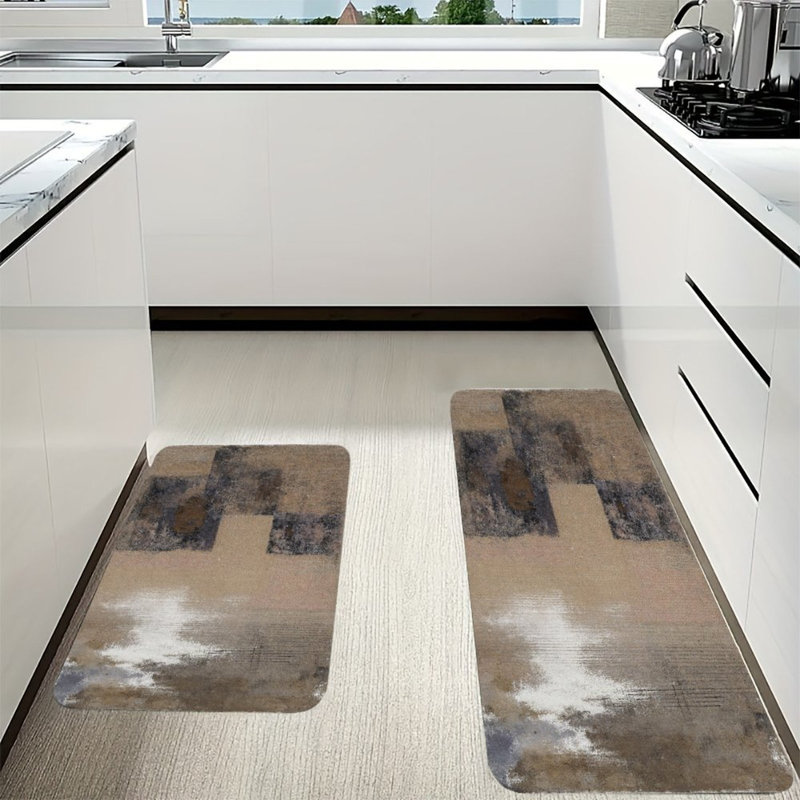 Earthy Abstract, Kitchen Mats Set of 2, Brown/White Abstract