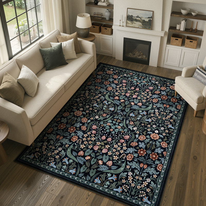Tapis lavable à motif floral Kaldi, Rectangle 5 pi x 7 pi, Noir