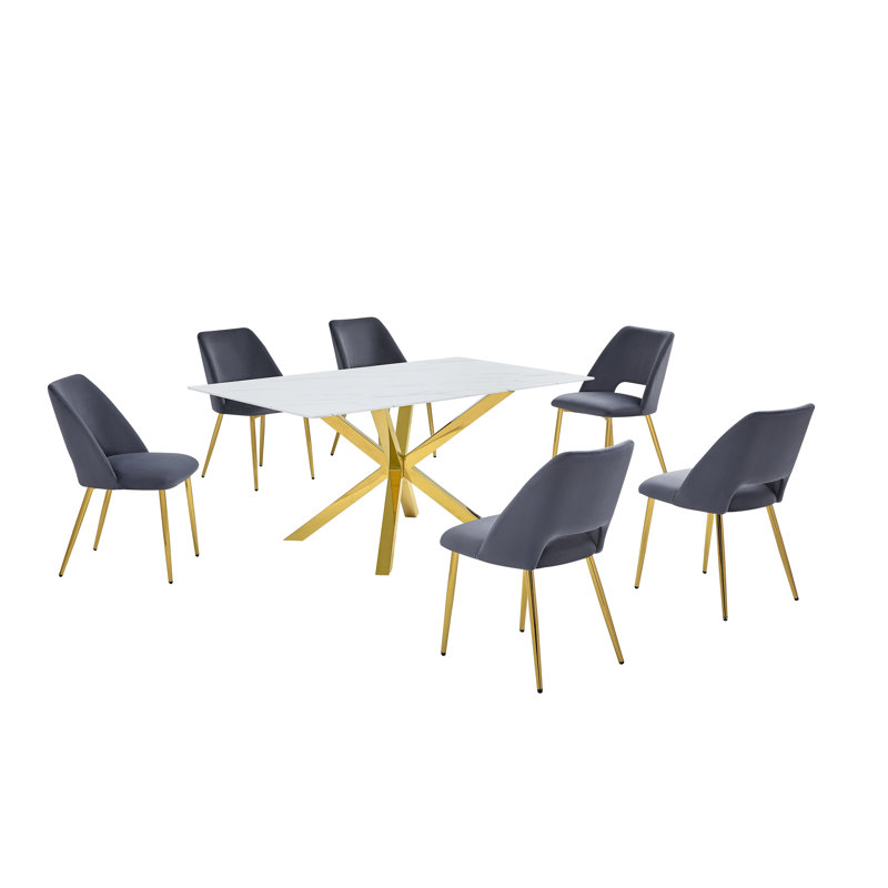 Ensemble de salle à manger 63 "x 39" en verre avec revêtement en marbre et chaises d'appoint en velours, Gris, 7