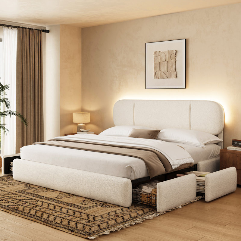 Lit plateforme en tissu de laine d'agneau, cadre de lit rembourré chaud pour la chambre à coucher, Beige, Très grand lit
