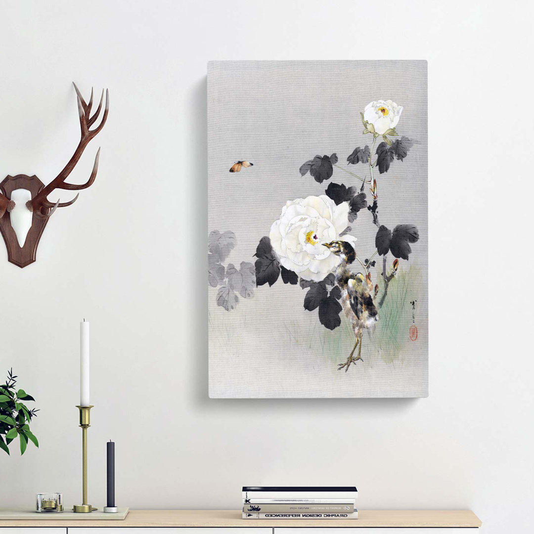 Young Bird & Butterfly By The Roses by Watanabe Seitei - Wrapped Canvas
