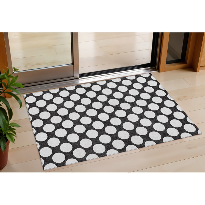 3' X 5' Black And Ivory Polka Dot Washable Indoor Outdoor Area Rug
