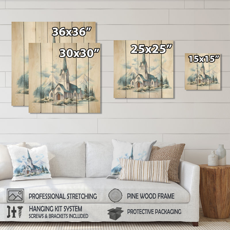 Mountain Church Sanctuary II - Church On Wood Print, H 15 po x l 15 po