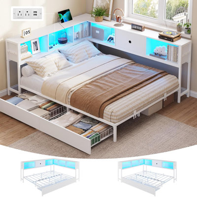 Twin-size corner bed frame with L-shaped bookshelf and 2 large storage drawers; Twin-size platform bed frame with charging station and RGB LED lights; Modern multi-functional storage bed, suitable for the bedroom, space-saving, white.