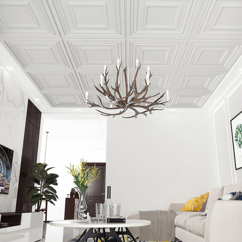 Carreau de plafond en PVC 2 pi x 2 pi, panneaux de PVC 3D, paquet de 12, 48 pieds carrés, Blanc
