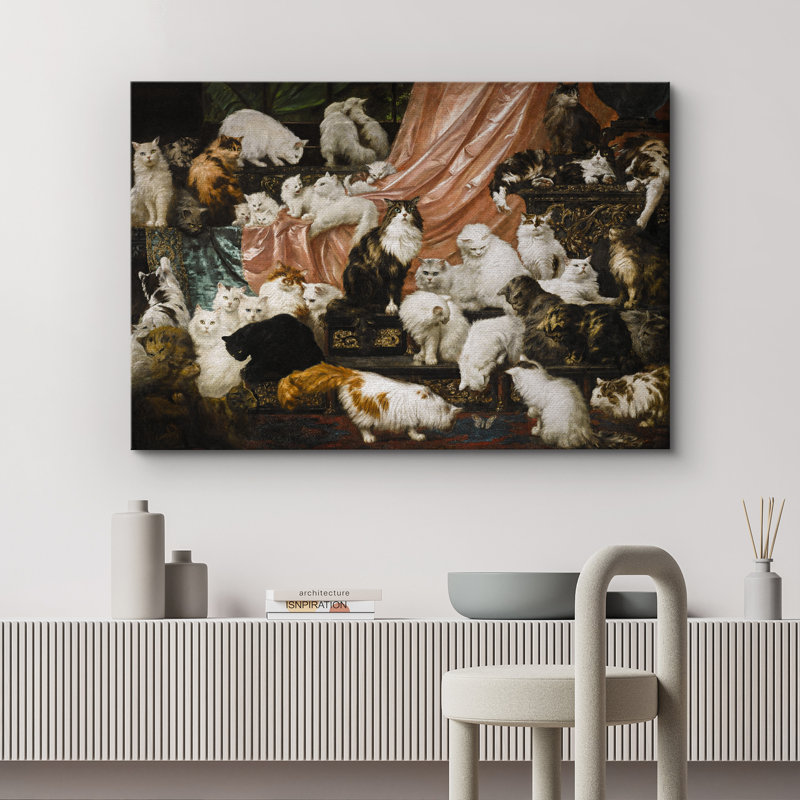 Impression sur toile Victorian Cat Gathering - Portrait animalier de style baroque pour couloir ou bibliothèque, Toile tendue