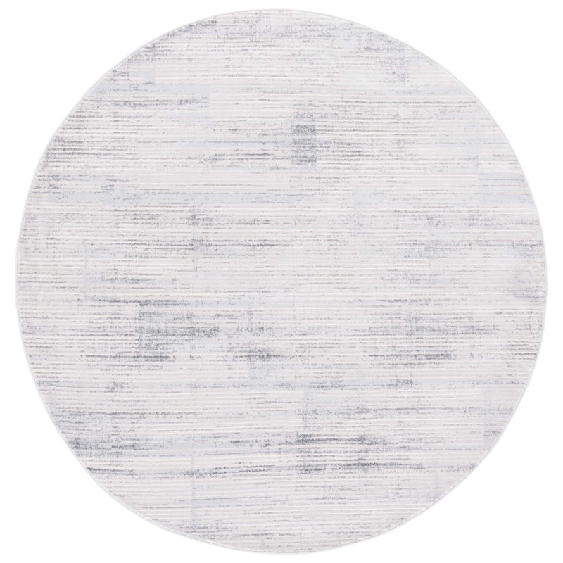 Tapis gris / ivoire en polypropylène tissé à la machine Herblain, Rond 6 pi 7 po