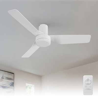 44" Indoor  Flush Mount White Ceiling Fan with Remote Control, No Light