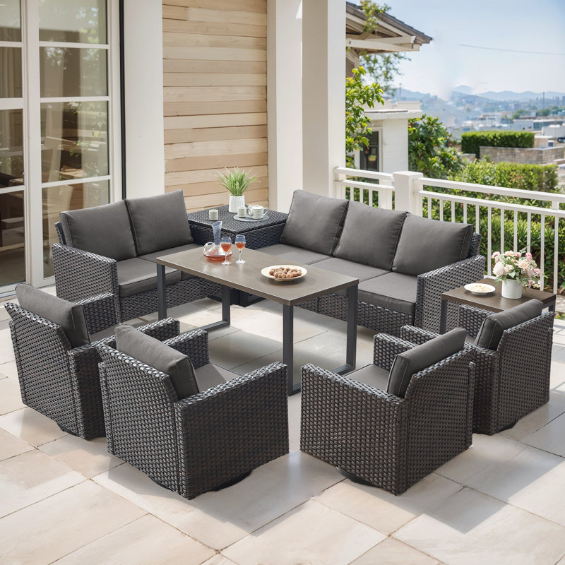 Ensemble de conversation d'extérieur en osier pour 9 personnes avec chaises pivotantes et rangement Ingvald, Gris