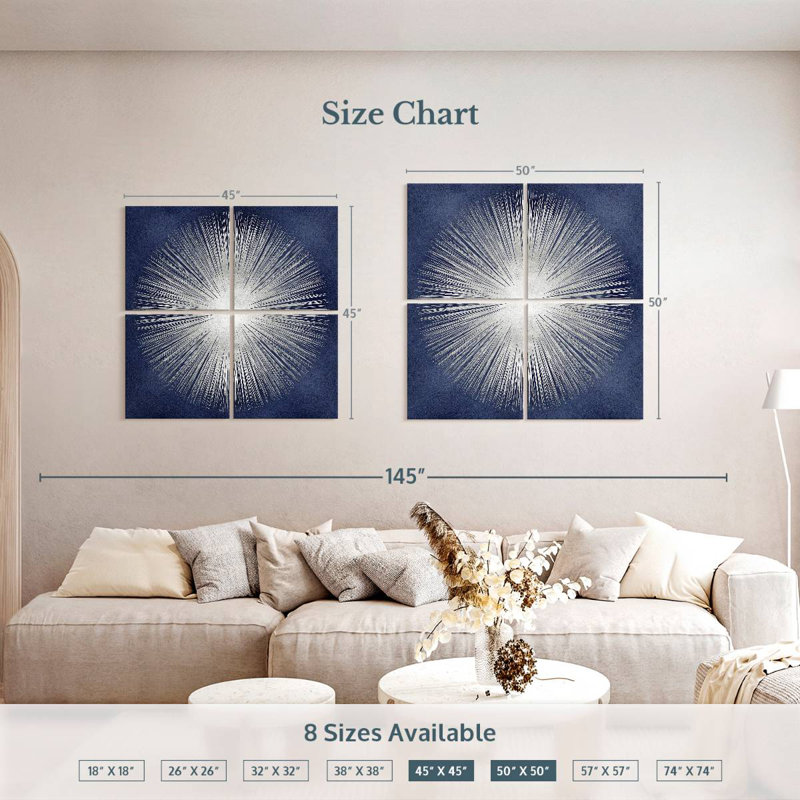 Sunburst argenté sur bleu I, H 45 po x l 45 po