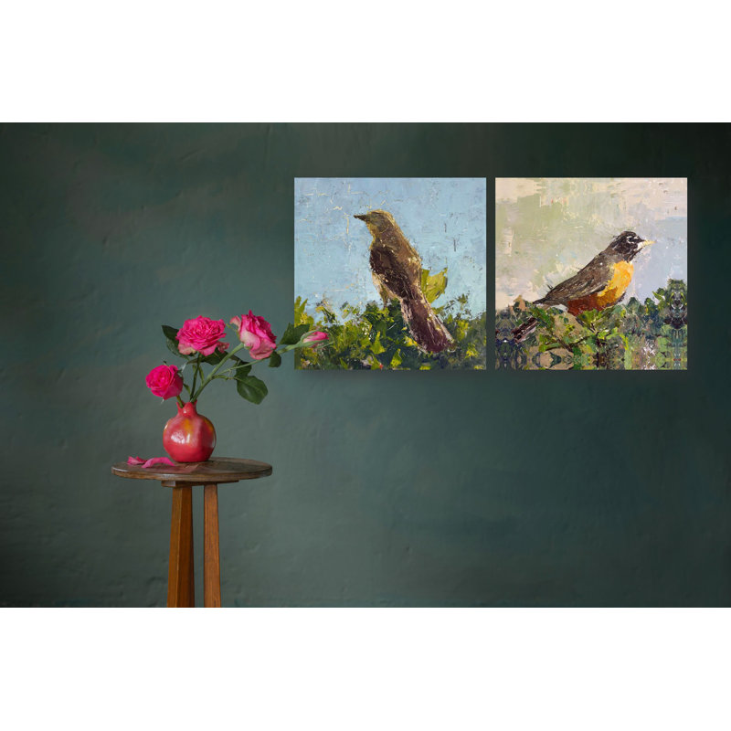 Bird Set by John Beard - Artist Enhanced Canvas Print, 36" H x 36" W x 3" D, Brown Floater Framed