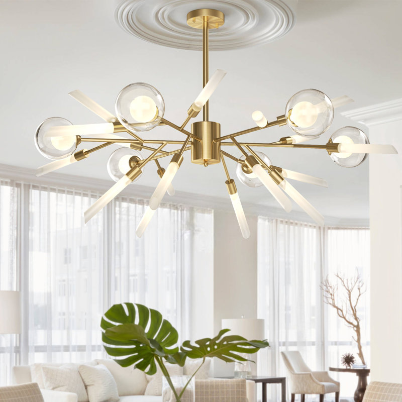 Kahmiyah 39.37" 24-Light Dimmable Sputnik Modern Linear Chandelier, Gold Sputnik Pendant Light, White