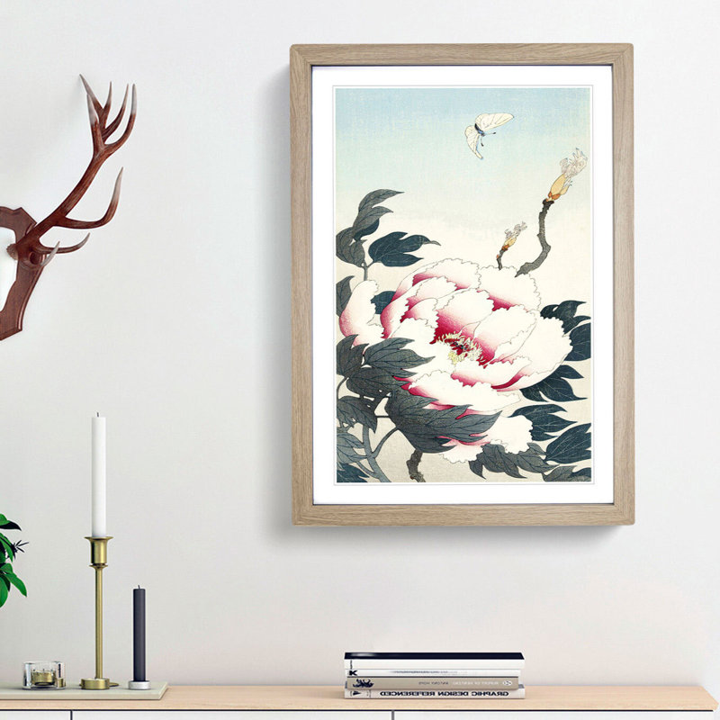 Peony with Butterfly by Ohara Koson - Picture Frame Painting Print, 36cm H x 27cm W x 2cm D, Oak Framed