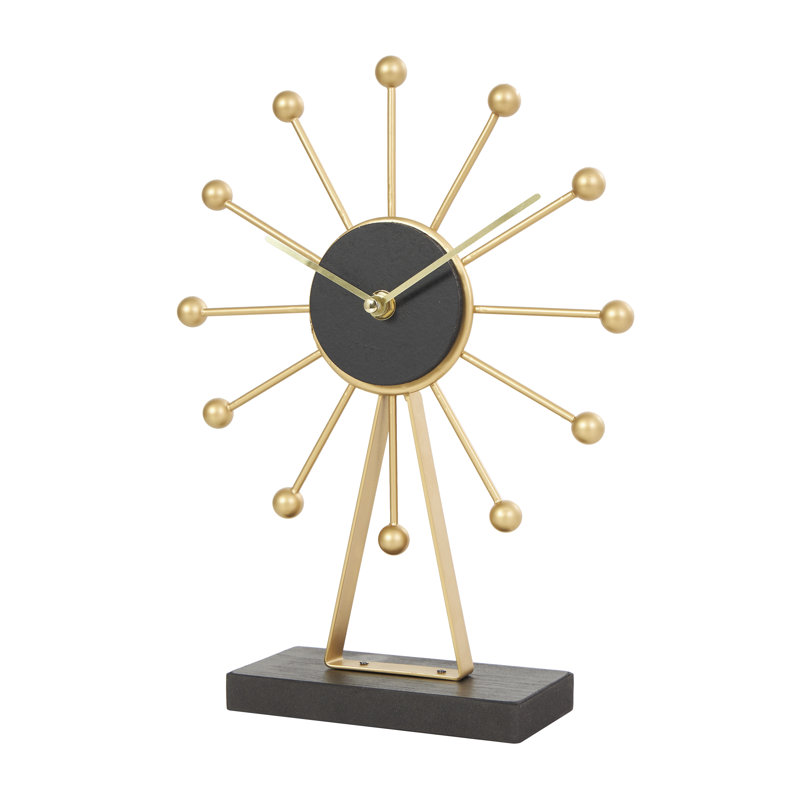 Metal Sunburst Decorative Gold Clock with Black Base and Clockface