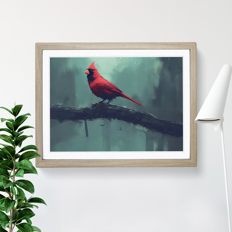 Cardinal Bird Vol.2 - Single Picture Frame Painting, 25cm H x 34cm W x 2cm D, Oak Framed