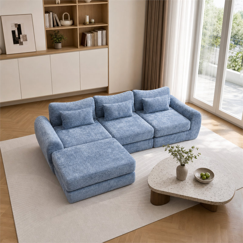 Canapé modulaire en chenille Wave Star - une conception polyvalente et configurable qui convient aux espaces de vie et de sommeil, avec des sections modulaires et un repose-pieds inclus.