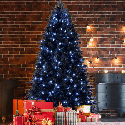 Sapin noir de 1,80 m pour décoration de Noël avec 350 lumières DEL blanches, plus de 1460 branches, structure articulée, montage facile, support en métal, idéal pour l'hiver, structure stable.