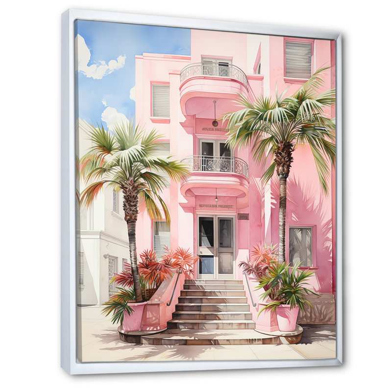 Zappha Pink Miami Artful Facades II - Miami, art mural, H 40 po x l 30 po x P 1,5 po, Cadre flottant blanc