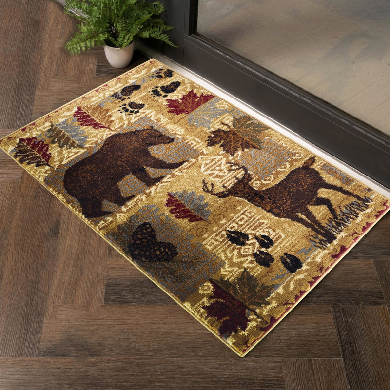 2Ft.7In.X7ft.3In. Area Rug With Deer And Nature Motifs, Polypropylene Wild Animal Prints,, Runner 2'6" x 7'4"