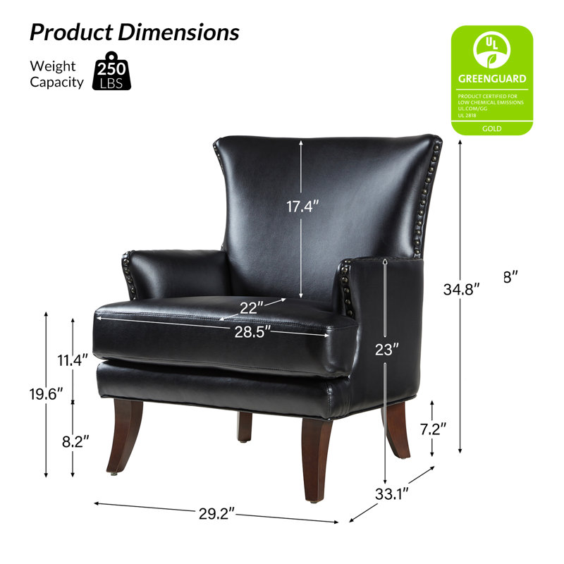 Fauteuil à oreilles en cuir 29,2 po Aviles, Similicuir noir