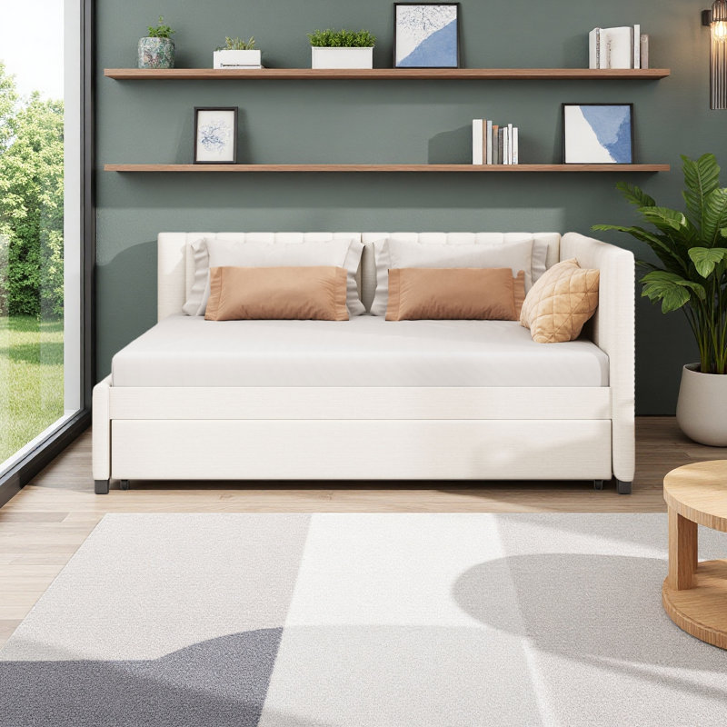 Upholstered Daybed Sofa Bed Frame No Box Spring Needed, Linen Fabric, Beige
