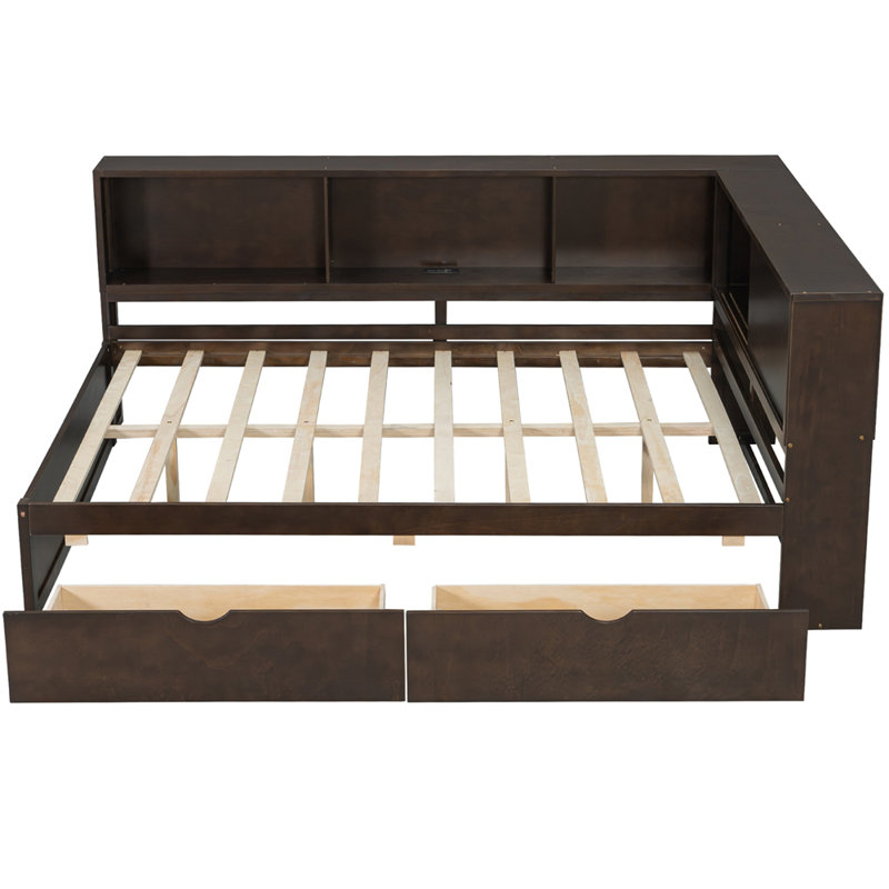Grand lit de jour en bois avec tablettes de rangement, USB, DEL et 2 tiroirs, Queen, Brown