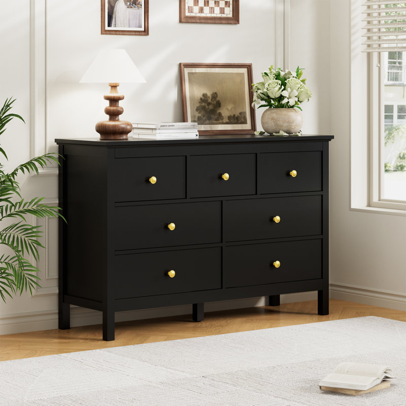 Commode 7 tiroirs l 47,2 po, commode noire pour chambre à coucher, salon, Noir
