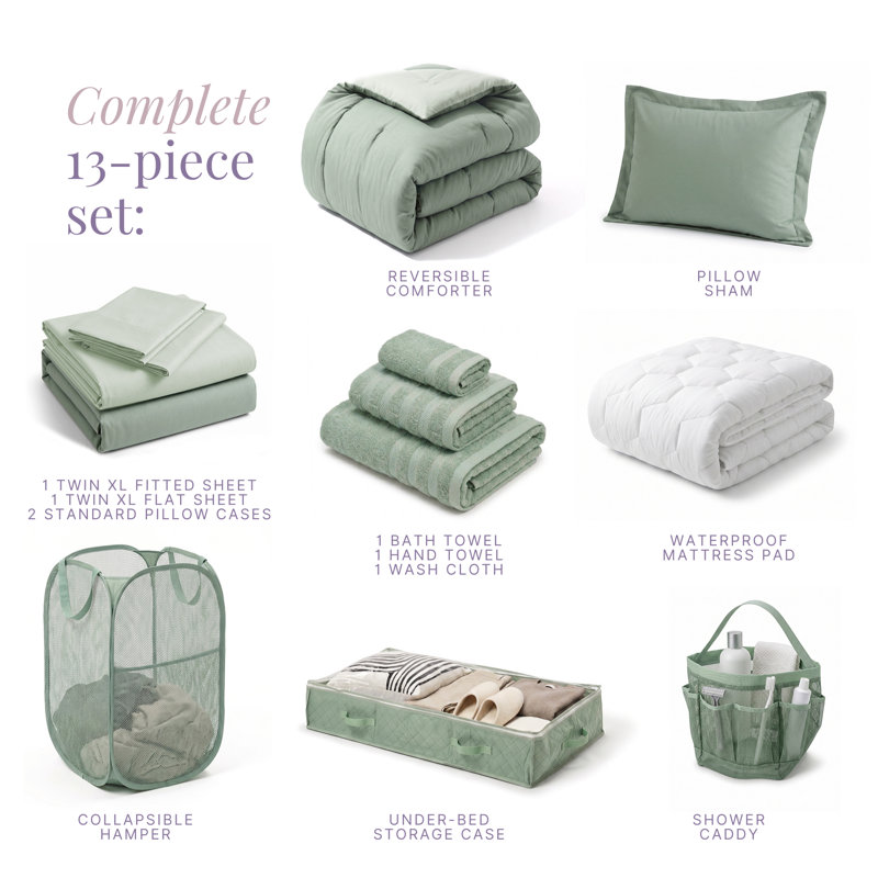 Back to College Kit, Twin xl Bed in a Bag With College Essentials, Sage Green