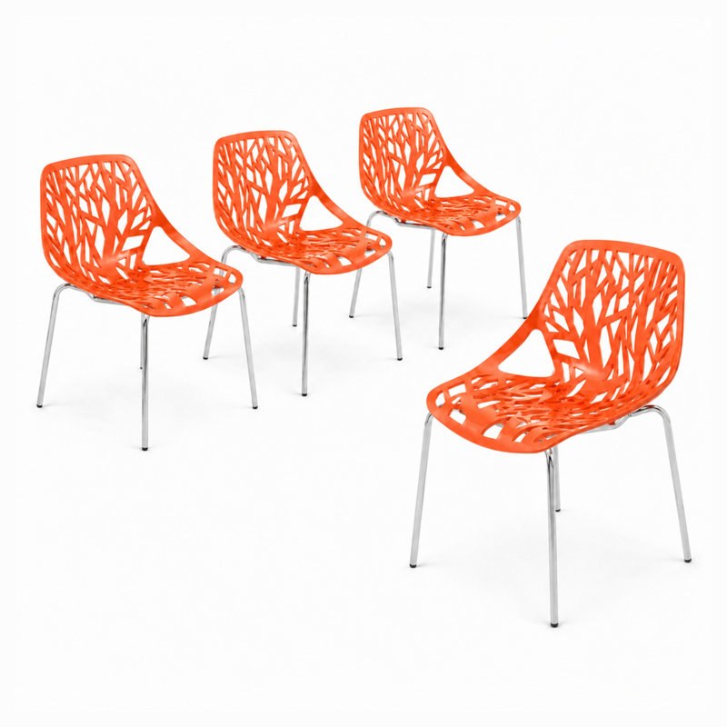 Chaise de salle à manger Hadda, chaise de cuisine moderne en polypropylène avec dossier ajouré inspiré d'un arbre, pieds en acier inoxydable, finition chromée, chaise d'appoint empilable pour salle à manger